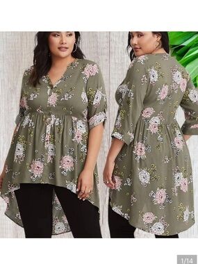Torrid OX Lexi Olive Floral High-Low Tunic Top